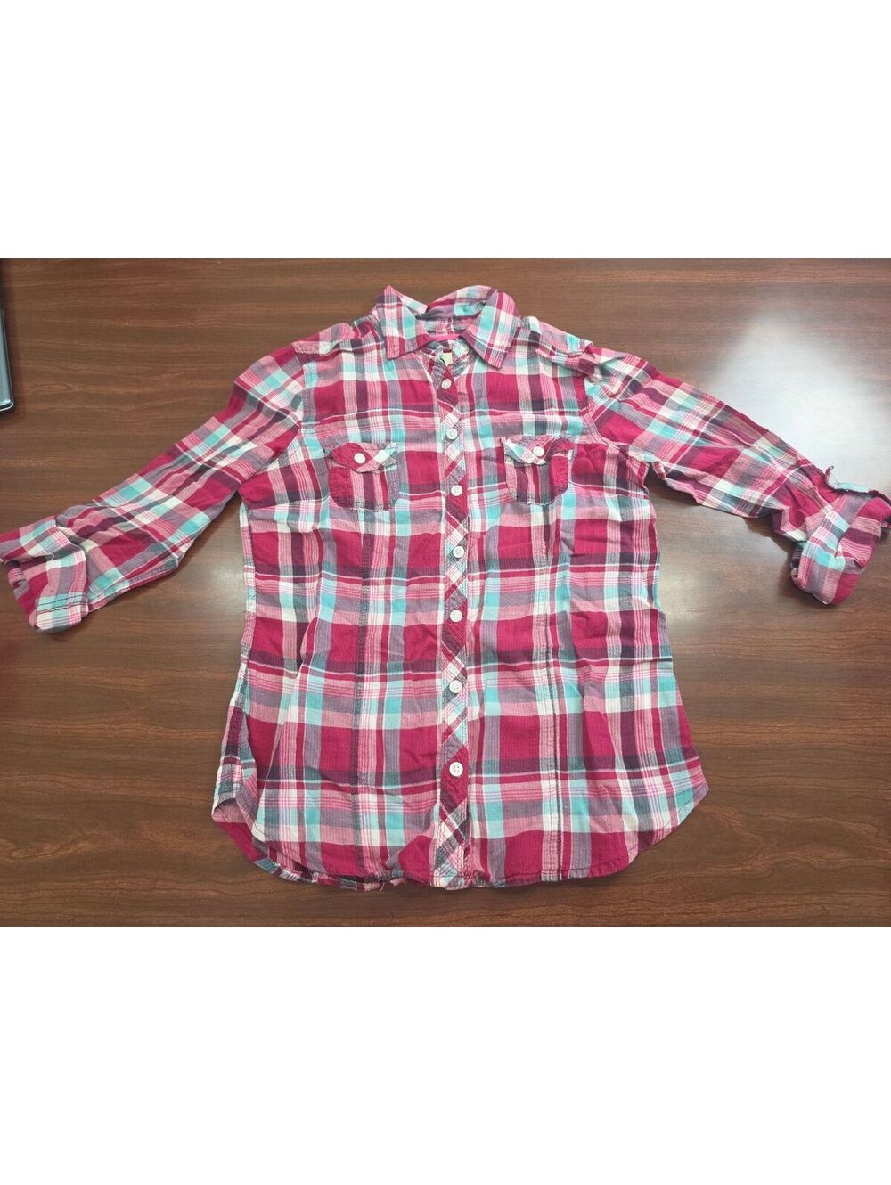 So Juniors XL 100% Cotton Pink Teal Plaid Shirt Long Sleeve Button Down Cozy